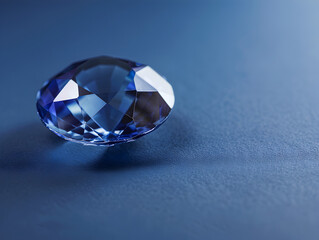 A blue diamond is sitting on a blue surface. The diamond is cut into a perfect shape and is shining brightly. The blue surface is smooth and even