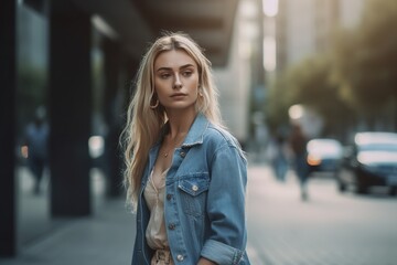 A blonde woman in a denim jacket stands on a city street