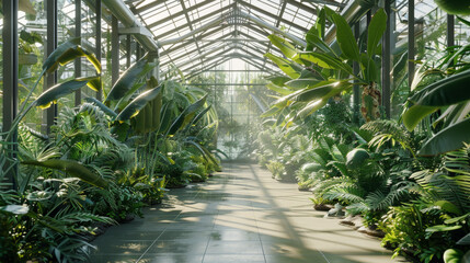 A spacious greenhouse, filled with exotic plants and meticulous climate control systems for botanical research