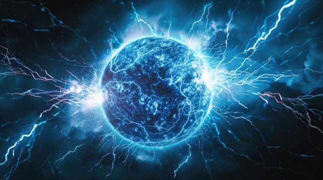 A striking blue plasma ball surrounded by lightning. Great for science and technology concepts