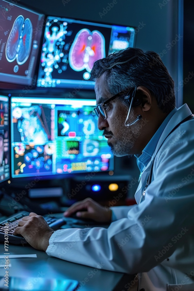Aufkleber A man in a lab coat working on a computer. Suitable for technology and science concepts