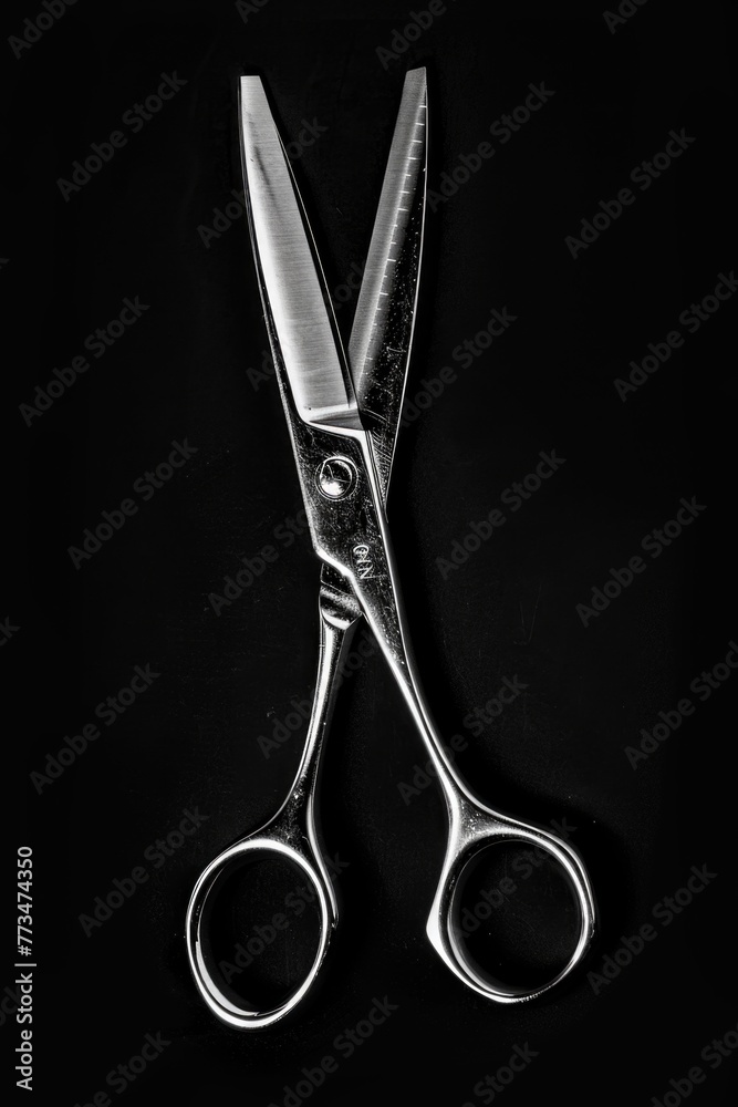 Aufkleber pair of scissors on a dark surface, suitable for various design projects