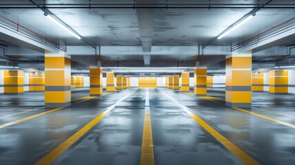 Vividly lit empty parking structure - A vibrantly lit empty parking structure with a strong emphasis on line and color contrasts