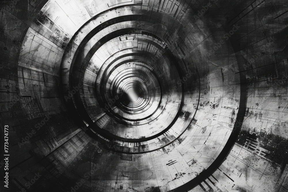 Poster a black and white photo of a circular tunnel, suitable for architectural or abstract concepts