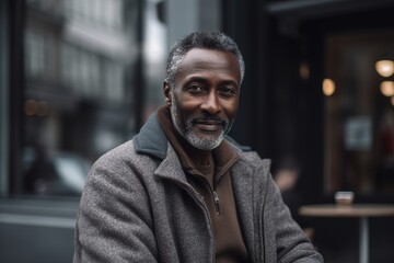 A man with a beard and gray hair is sitting at a table in a cafe