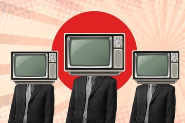 Group of people retro tv on heads. Disinformation concept