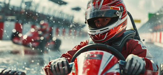 Man in red helmet driving go kart, suitable for sports themes