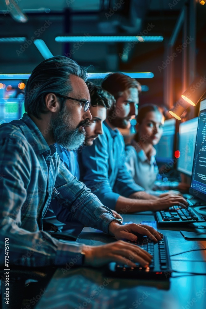 Poster A group of people sitting around a computer. Suitable for business or teamwork concepts