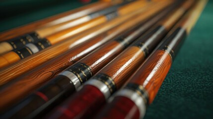 Close up of pool cues on a table, perfect for billiards enthusiasts