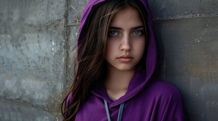 Fototapeta premium A girl in a purple hoodie leaning against a wall. Suitable for lifestyle and urban themes