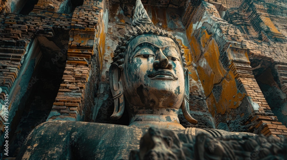 Poster Close up of a statue with a building in the background. Suitable for architectural themes