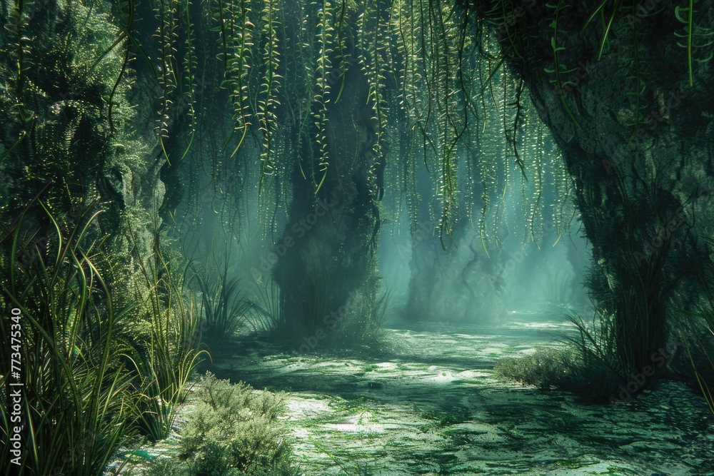 Poster A serene stream flowing through a vibrant forest. Suitable for nature and environment concepts