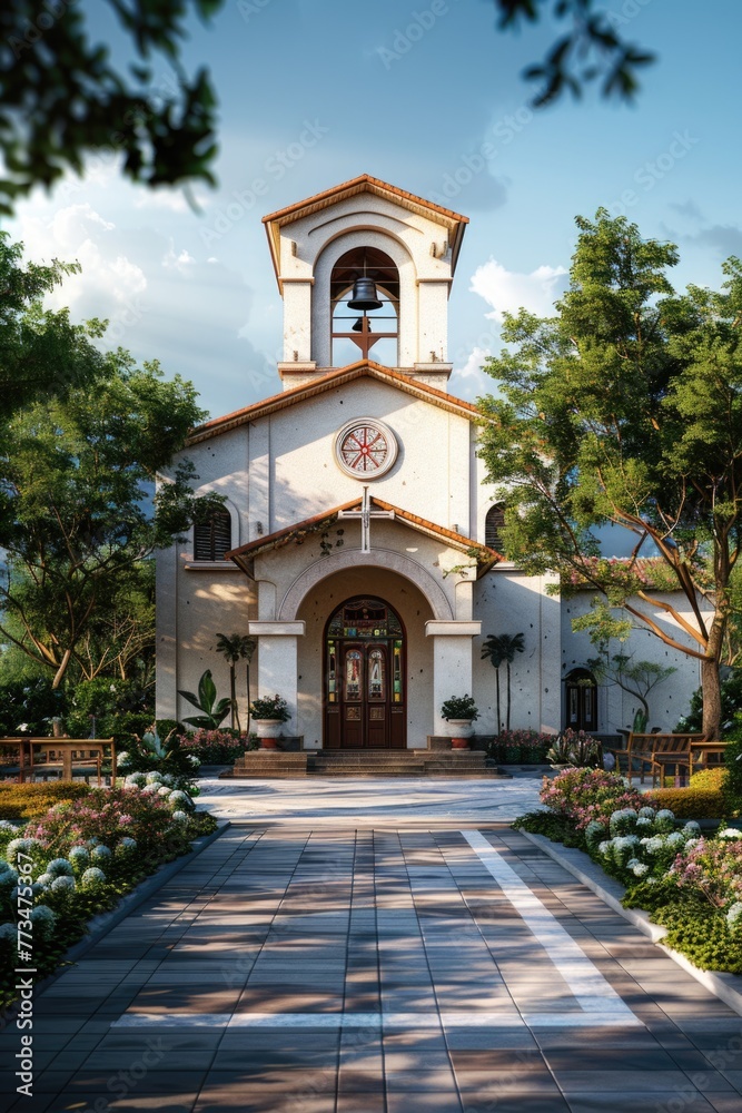 Poster a church with a clock on the front, suitable for architectural projects