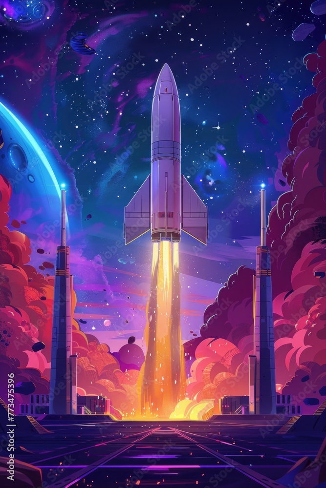 Poster A space shuttle taking off into the sky. Suitable for science and technology concepts