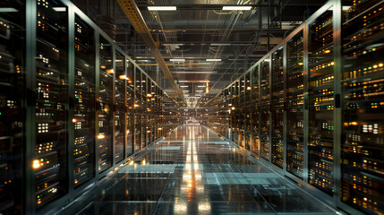 A networked server room buzzing with countless blinking lights, processing massive amounts of data for scientific simulations