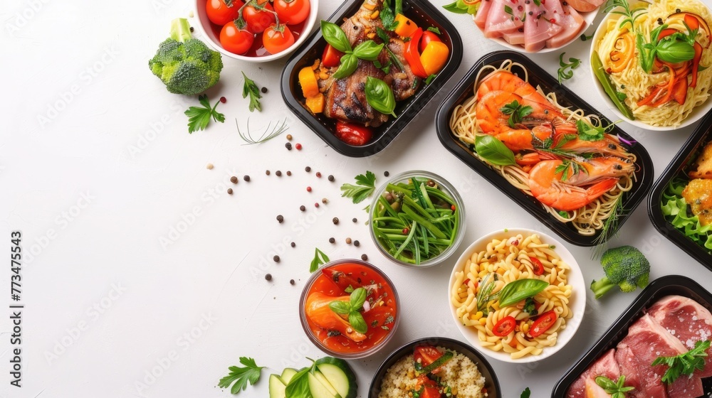 Poster a diverse selection of food items on a table, suitable for various culinary concepts