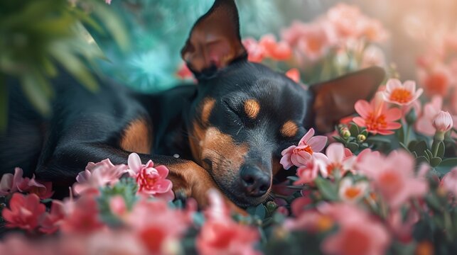  Miniature Pinscher sleeping ,flower background