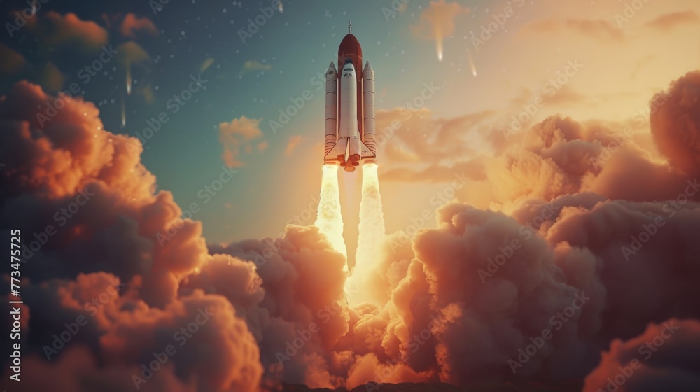 Poster A space shuttle taking off into the sky. Suitable for science and technology concepts