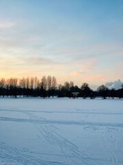 winter snowy park at the twilights time