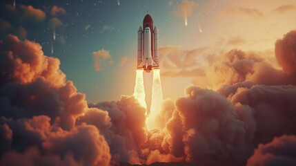 A space shuttle taking off into the sky. Suitable for science and technology concepts