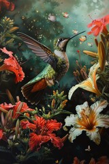 Fototapeta premium A vibrant painting of a hummingbird surrounded by colorful flowers. Perfect for nature lovers and bird enthusiasts