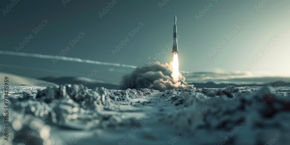 Poster a rocket launching into the sky with smoke coming out of it. ideal for technology and innovation con