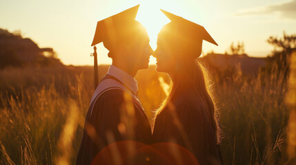 Two graduates, forehead to forehead, holding onto each other in a silent promise of lifelong friendship, the soft sunset light highlighting the depth of their bond, natural light,