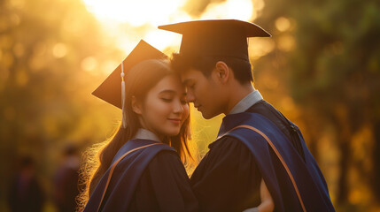 Two graduates, forehead to forehead, holding onto each other in a silent promise of lifelong friendship, the soft sunset light highlighting the depth of their bond, natural light, - obrazy, fototapety, plakaty