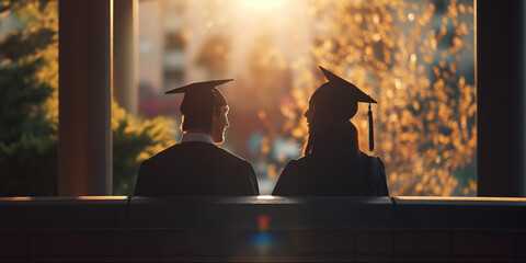 A quiet moment of two graduates, sitting side by side, sharing a thoughtful conversation, reflecting on their journey and dreams for the future, the soft morning light enveloping t
