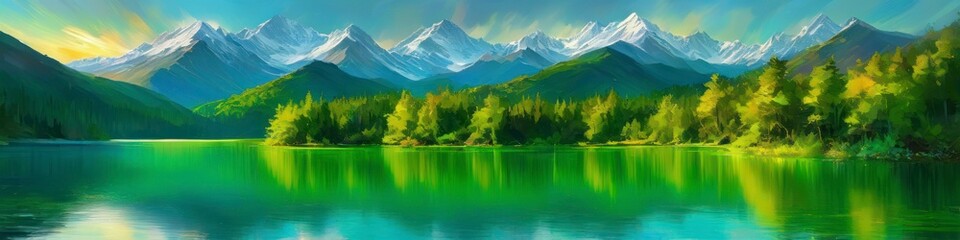 Abstract blurry drawn illustration of mountain forest lake on midsummer day. Background for design, space for text.	