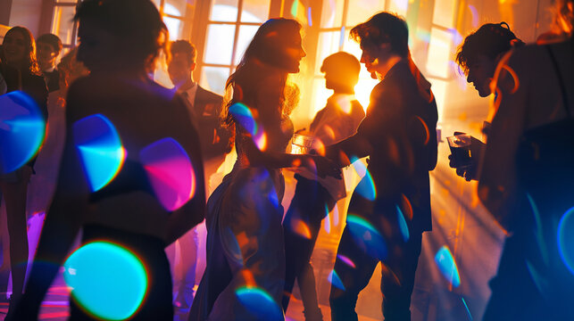 A lively scene of students hitting the dance floor, the DJ's lights casting colorful shadows on their elegant attire, the energy and movement symbolizing the joy and freedom of con