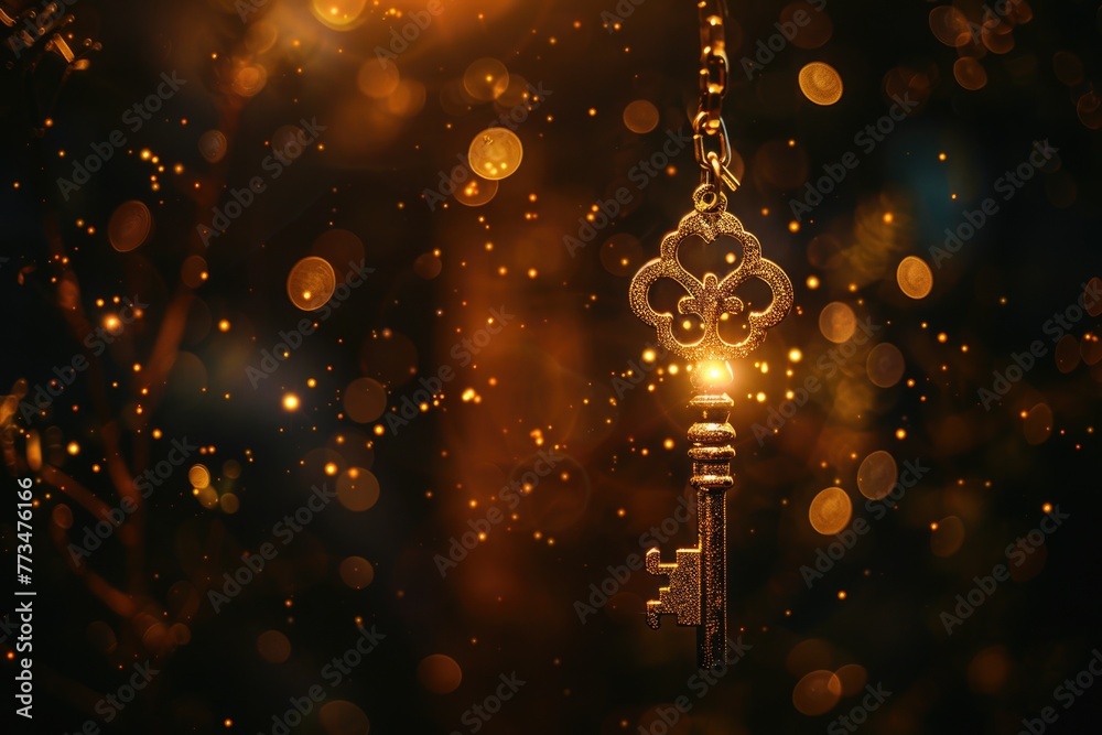 Poster A golden key hanging from a chain. Suitable for various concepts and designs