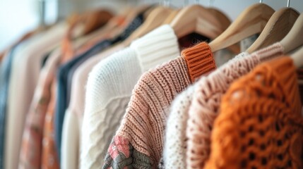 A row of colorful sweaters hanging on a rack. Suitable for fashion or retail concepts - obrazy, fototapety, plakaty