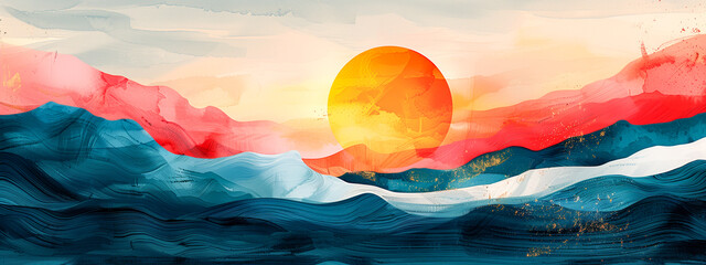 abstract illustration with summer vibes and wavy beach style, abstract watercolor paint banner with sea waves in minimalist pastel look - obrazy, fototapety, plakaty
