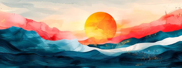 Foto op Plexiglas abstract illustration with summer vibes and wavy beach style, abstract watercolor paint banner with sea waves in minimalist pastel look © Pădureț Dan-Cristian