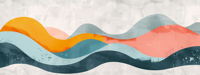 abstract illustration with summer vibes and wavy beach style, abstract watercolor paint banner with sea waves in minimalist pastel look - obrazy, fototapety, plakaty