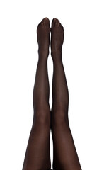 Woman with beautiful long legs wearing black tights on white background, closeup