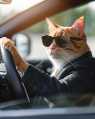 cat driver with sunglasses