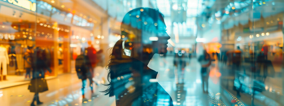 banner with girl profile reflection on the shopping mall window