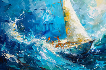 Abstract Sailboat Painting in Blue Tones