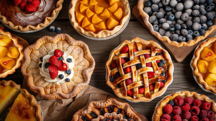 Cakes with berries and fruits on wooden background. Fresh pastries. Bakery concept. 
