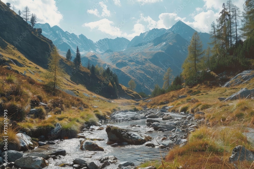 Poster a stream running through a lush green valley. ideal for nature and landscape concepts
