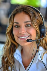 A woman smiling while wearing a headset, suitable for business or customer service concepts