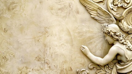 A beautiful angel statue mounted on a wall. Suitable for religious or decorative purposes