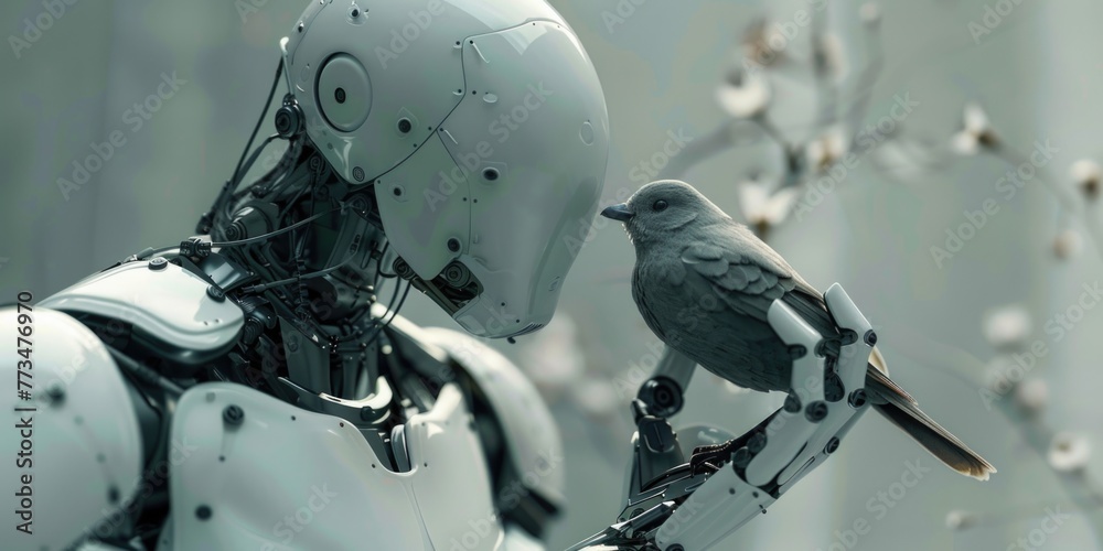 Poster A futuristic robot with a bird perched on its arm. Suitable for technology and nature concepts