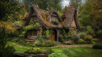 Fototapeta na wymiar Enchanting fairytale cottage in lush forest - Cozy and charming fairytale-like cottage with thatched roof surrounded by vibrant garden and autumn foliage