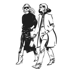 Two girlfriends walking together, talking, carrying small goodie bags, fashion show front row, fashion illustration.