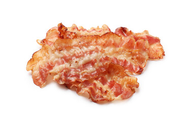 Delicious fried bacon slices isolated on white