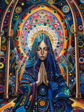 Psychedelic spiritual artwork of a praying figure - Colorful, intricate psychedelic art depicting a spiritual figure in a prayerful pose enhanced by vibrant patterns and symbolic elements