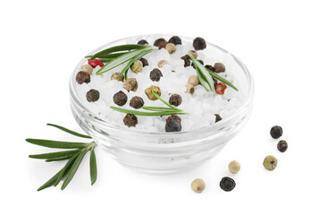 Salt with rosemary and peppercorns in bowl isolated on white